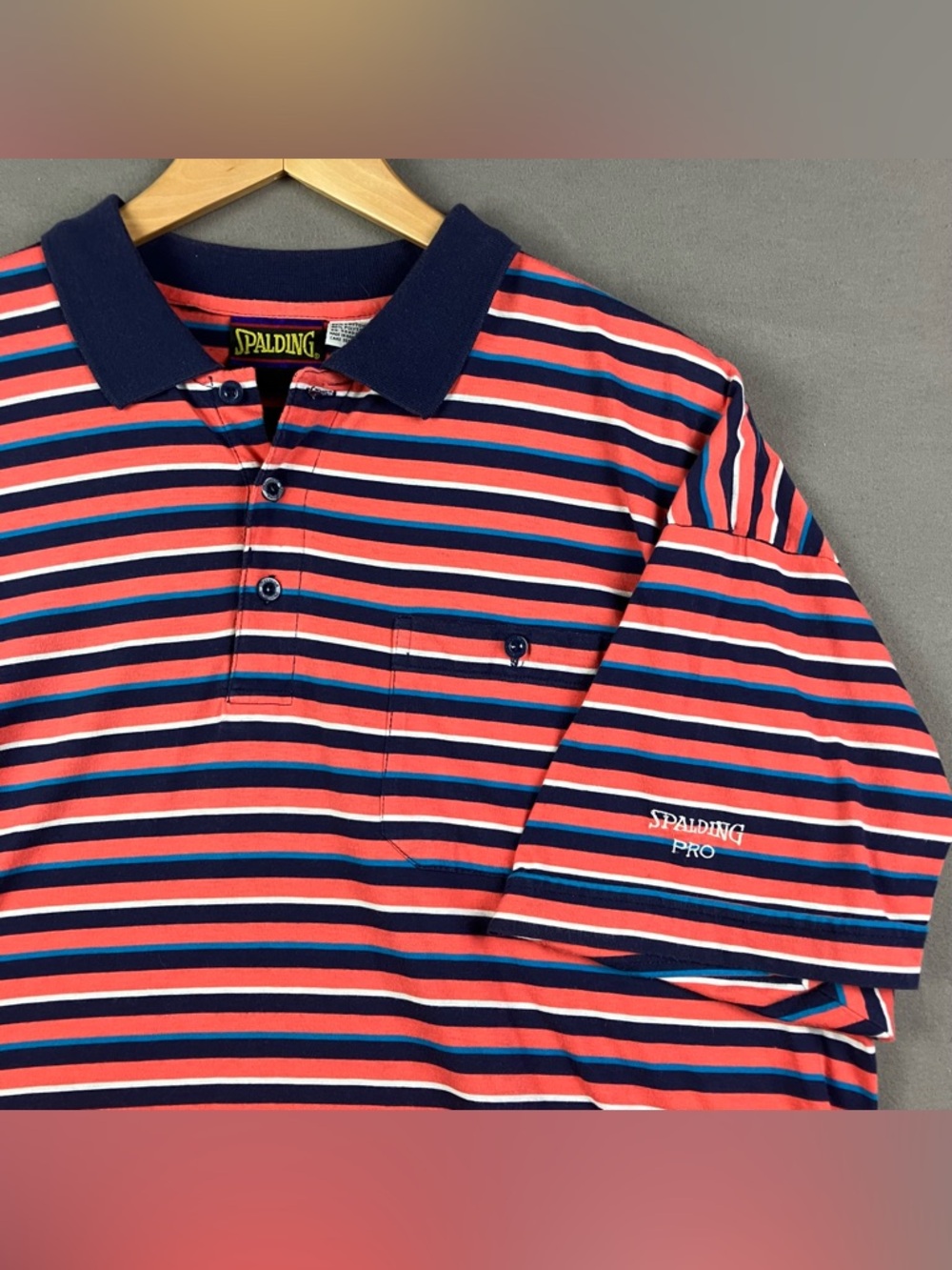 Vintage Spalding Pro Men’s Shirt Size XL Striped Golf Polo Orange Blue & White